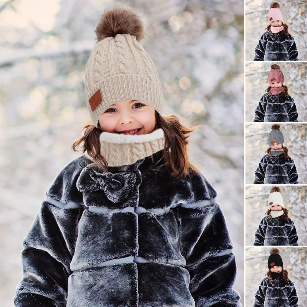 3PCS Kids Hat Scarf Gloves Set Kids Winter Beanie Scarf Gloves Set with Knit Thick Warm Fleece Lined for 1-5 Years Girls