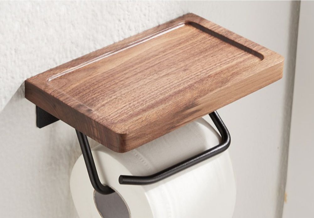 Toilet Paper Holder Bathroom Rack Black Walnut Punch-free Multifunction Wall-mounted Bathroom Rack Organizer