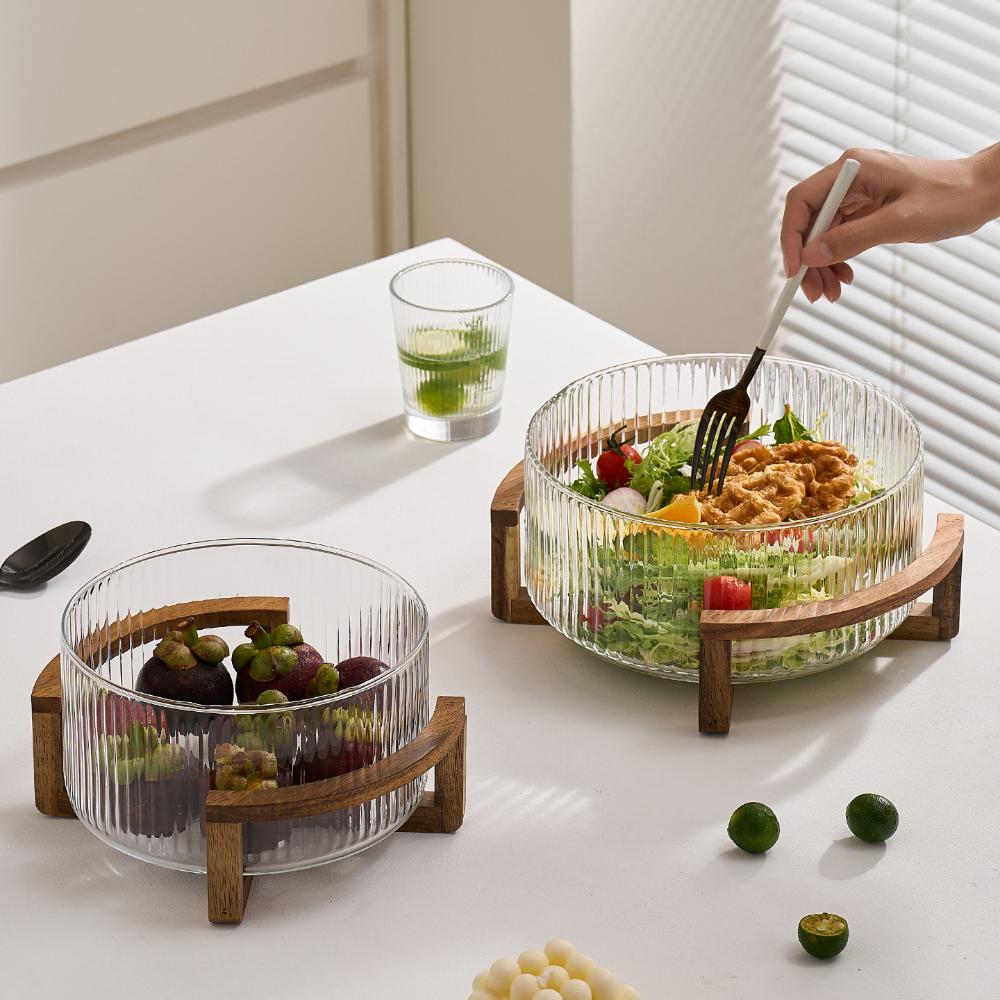 1Pc Ribbed Glass Salad Bowl with Wooden Stand，Mixing Bowl for Serving Salad, Fruits, Pasta & Desserts，Elegant Glass