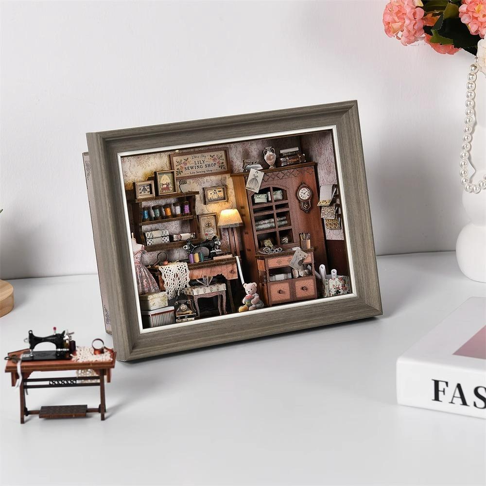 DIY Book Nook Kit - 3D Wooden Puzzle with LED Switch Control & Wall-Mountable Frame Dollhouse Gift (Lily Sewing Shop)
