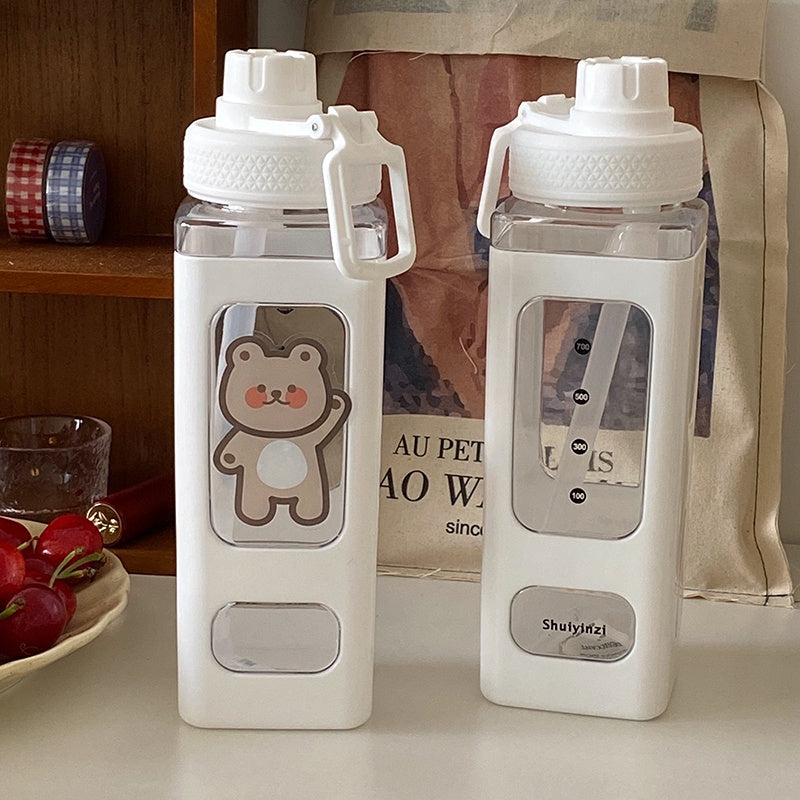 Korean Square Bear Water Bottle Large Capacity Bottle Student Portable Bottle With Straw Plastic Water Bottle BPA Free