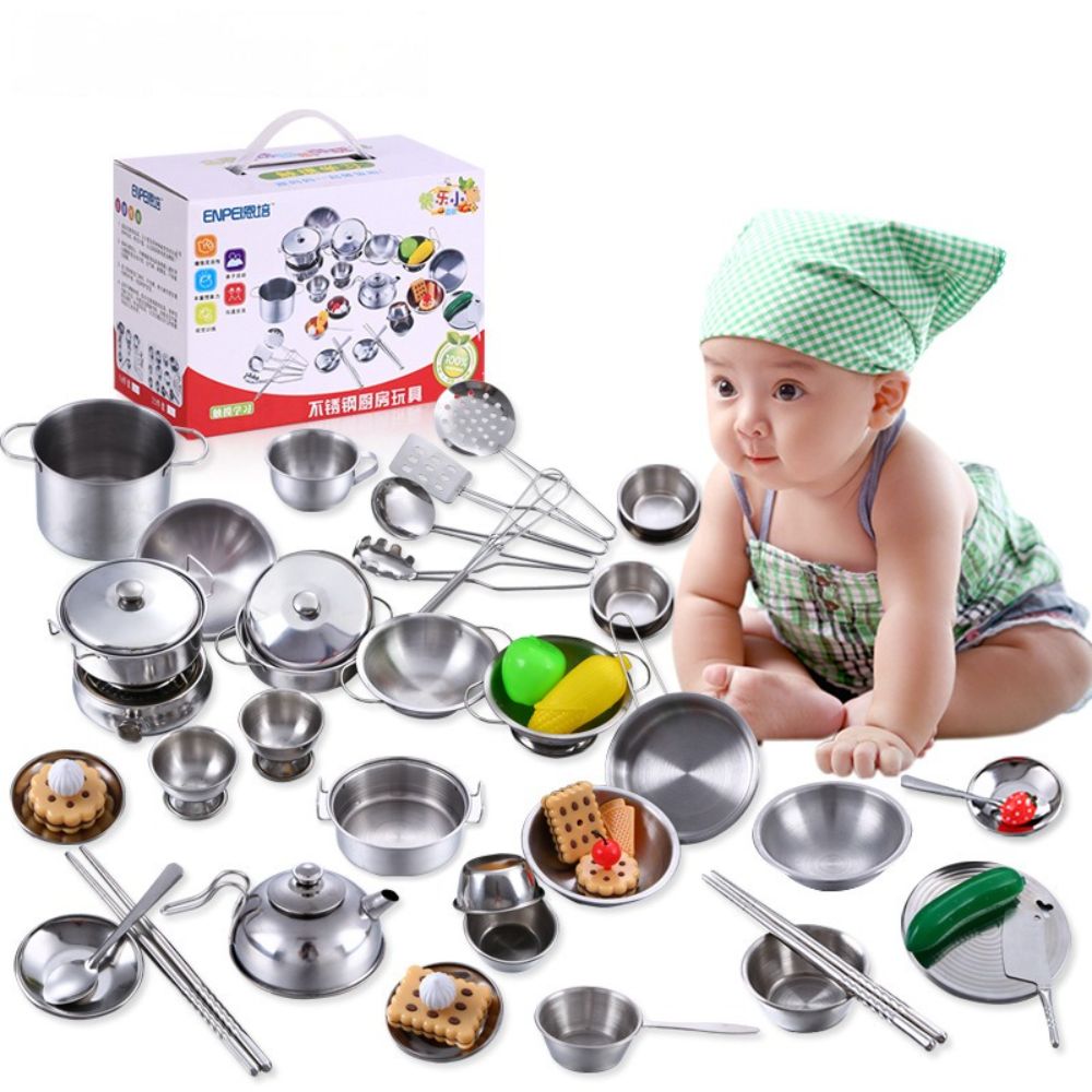 25PCS Pretend Play Kitchen Toys Cooking Tool Stainless Steel Kitchen Set Kitchen Accessories Toy for Kids Girls Boys