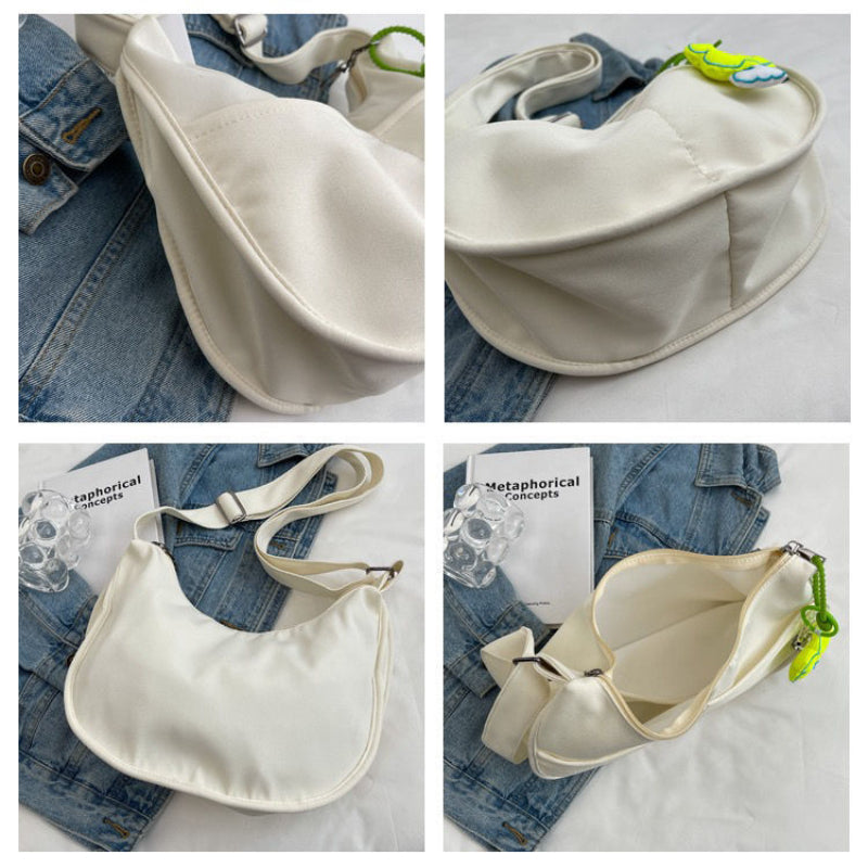 New Nylon Zipper Small Tote Dumpling Bag Student Literary One-shoulder Messenger Pocket Bag Flower Badge Not Included