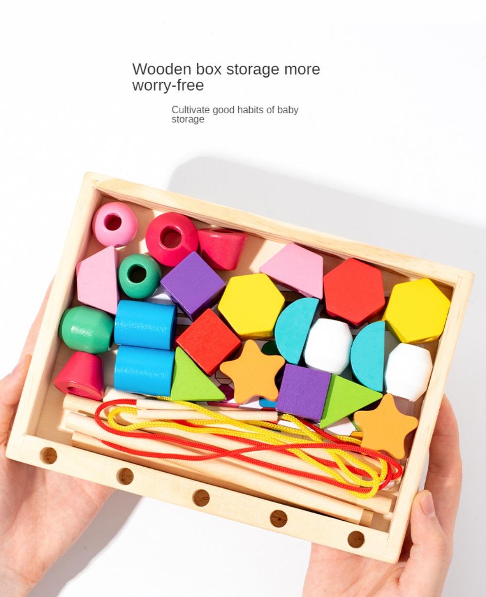 Montessori Toys Bead Sequencing Set, Treeyear Wooden Lacing Beads & Matching Shapes Colors Stacking Toy, Toddlers