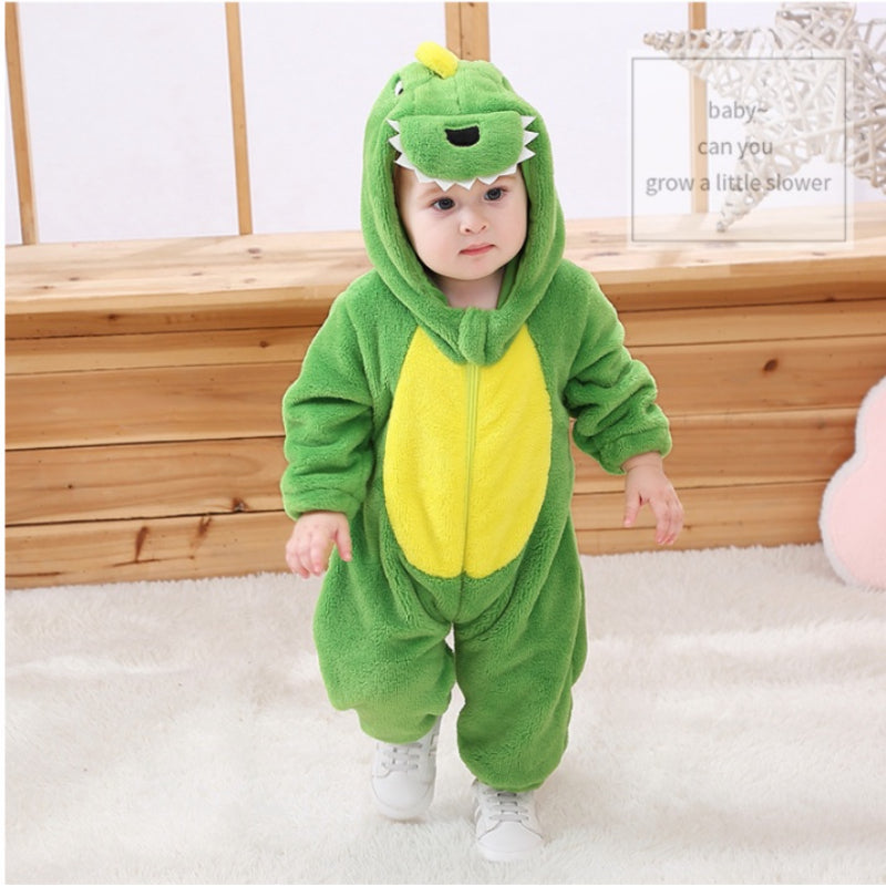 Cute Baby Romper One Piece Green Dinosaur Cartoon Animal Costume Boys Winter Clothes Flannel Soft Jumpsuit