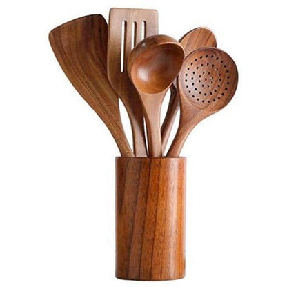 6-Piece Teak Wood Kitchen Utensil Set – Wooden Spatula & Cooking Tools, Durable Natural Cooking Utensils for Kitchen Use