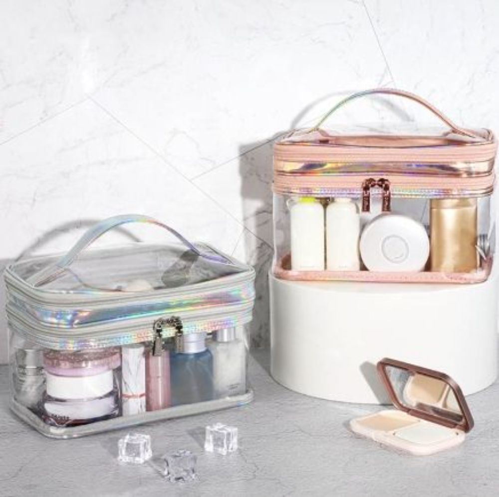 Portable Clear Makeup Bag 2 Layers Zipper Cosmetics Bags Transparent Travel Storage Pouch PVC Toiletry Organizers