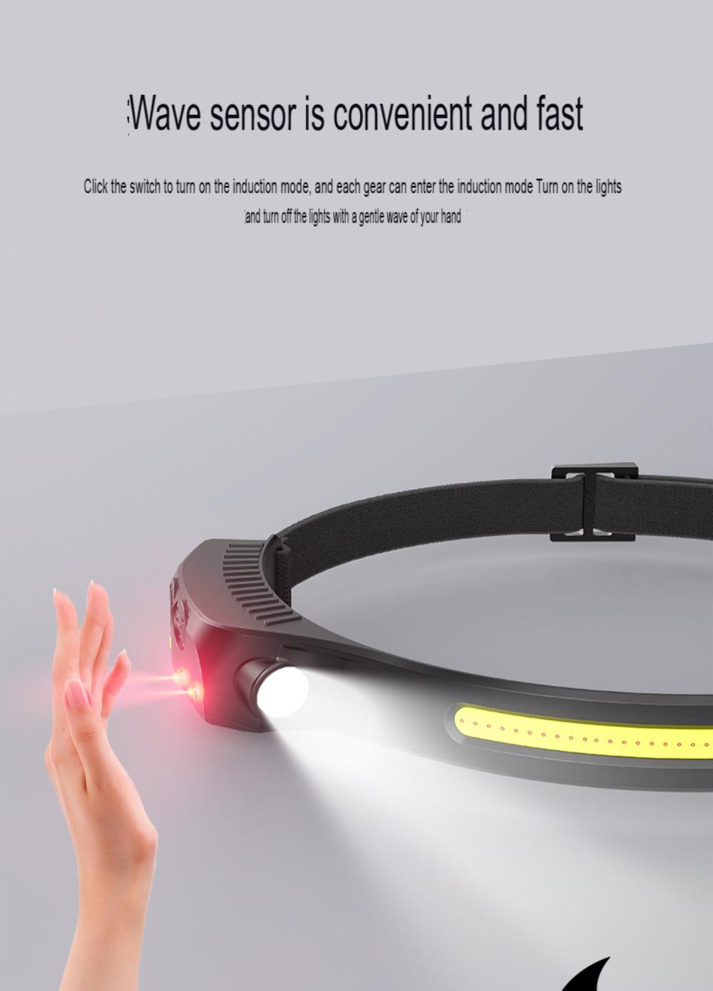 COB Headlight USB Rechargeable Head Lamp Super Bright Red Yellow White Light Multifunction Work Inspection Light