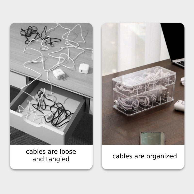 Desktop Double Layer Cable Organizer Data Charging Cable Earphone Storage Box Transparent Multifunctional Drawer Cable Storage Box