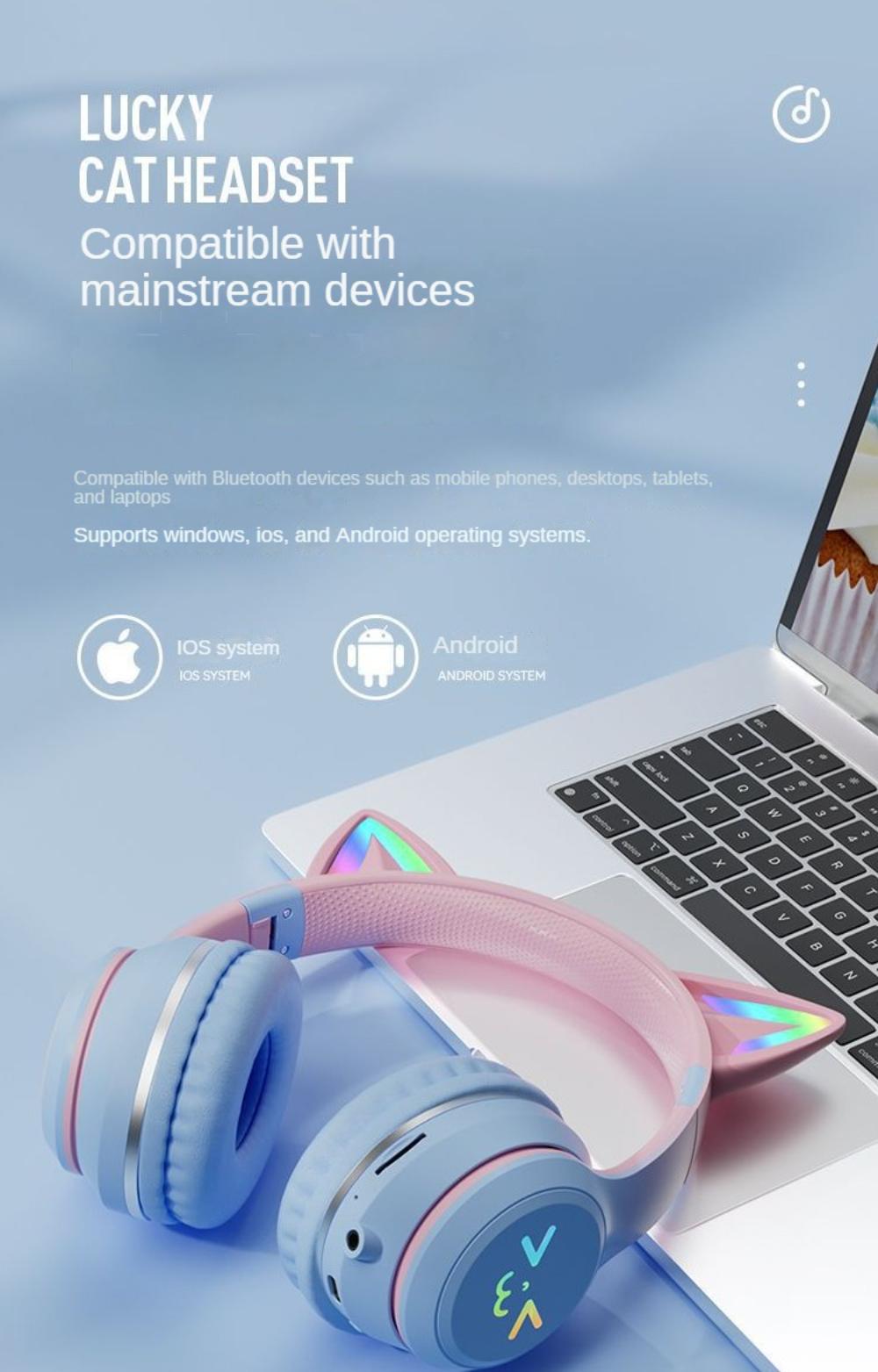 Cat's Ears Headset RGB Light Smile Face TWS Headset Gradient New Headphone Pink Little Girl Earphone