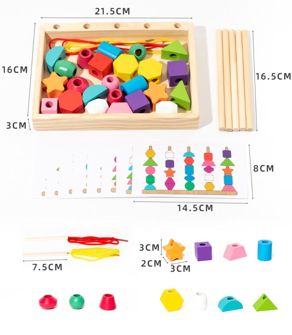Montessori Toys Bead Sequencing Set, Treeyear Wooden Lacing Beads & Matching Shapes Colors Stacking Toy, Toddlers