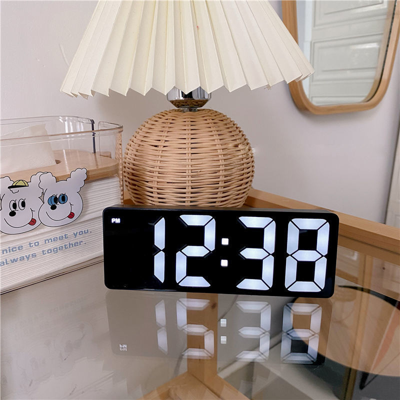 Japanese simple black and white mirror LED digital clock sound control alarm clock dormitory bedside desktop screen digital clock temperature calendar electronic luminous bedside