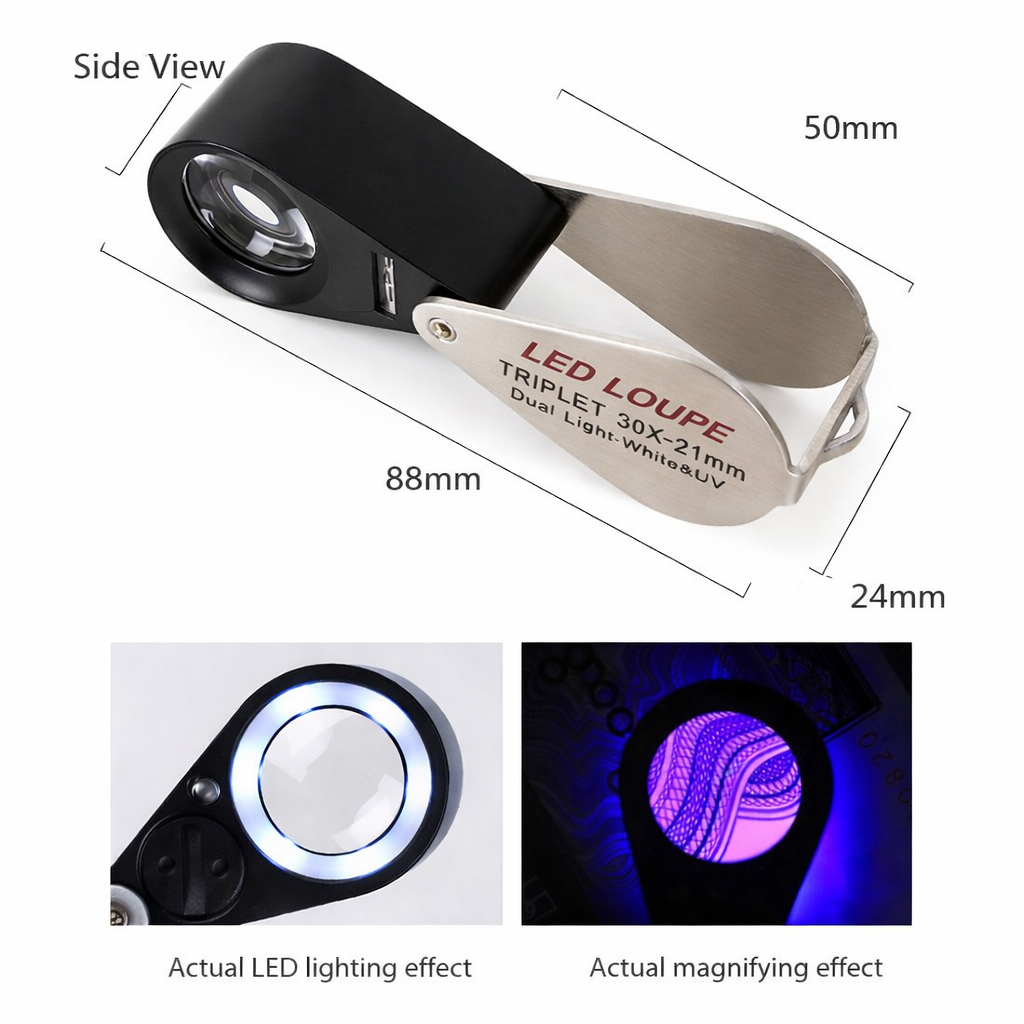 30X Folding Loupe Magnifier Jewelry Magnifying Glass Triplet Lens Optical Glass Illuminated Magnifier with 6 LED 7 UV Lights
