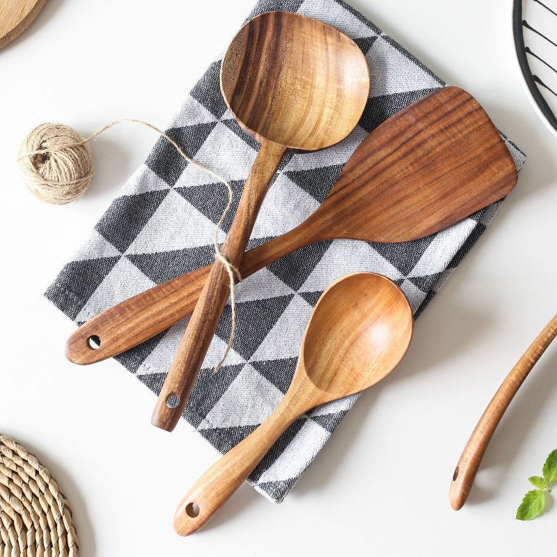 6-Piece Teak Wood Kitchen Utensil Set – Wooden Spatula & Cooking Tools, Durable Natural Cooking Utensils for Kitchen Use