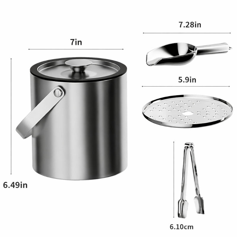 3.0L Stainless Steel Ice Bucket with Lid, Strainer & Tong – Double Wall Insulated Ice Container for Wine, Beer, Parties & Bar Use