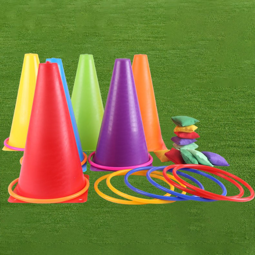 3 in 1 Carnival Outdoor Games Combo Set for Kids Soft Plastic Cones Bean Bags Ring Toss Game Gift for Birthday Party