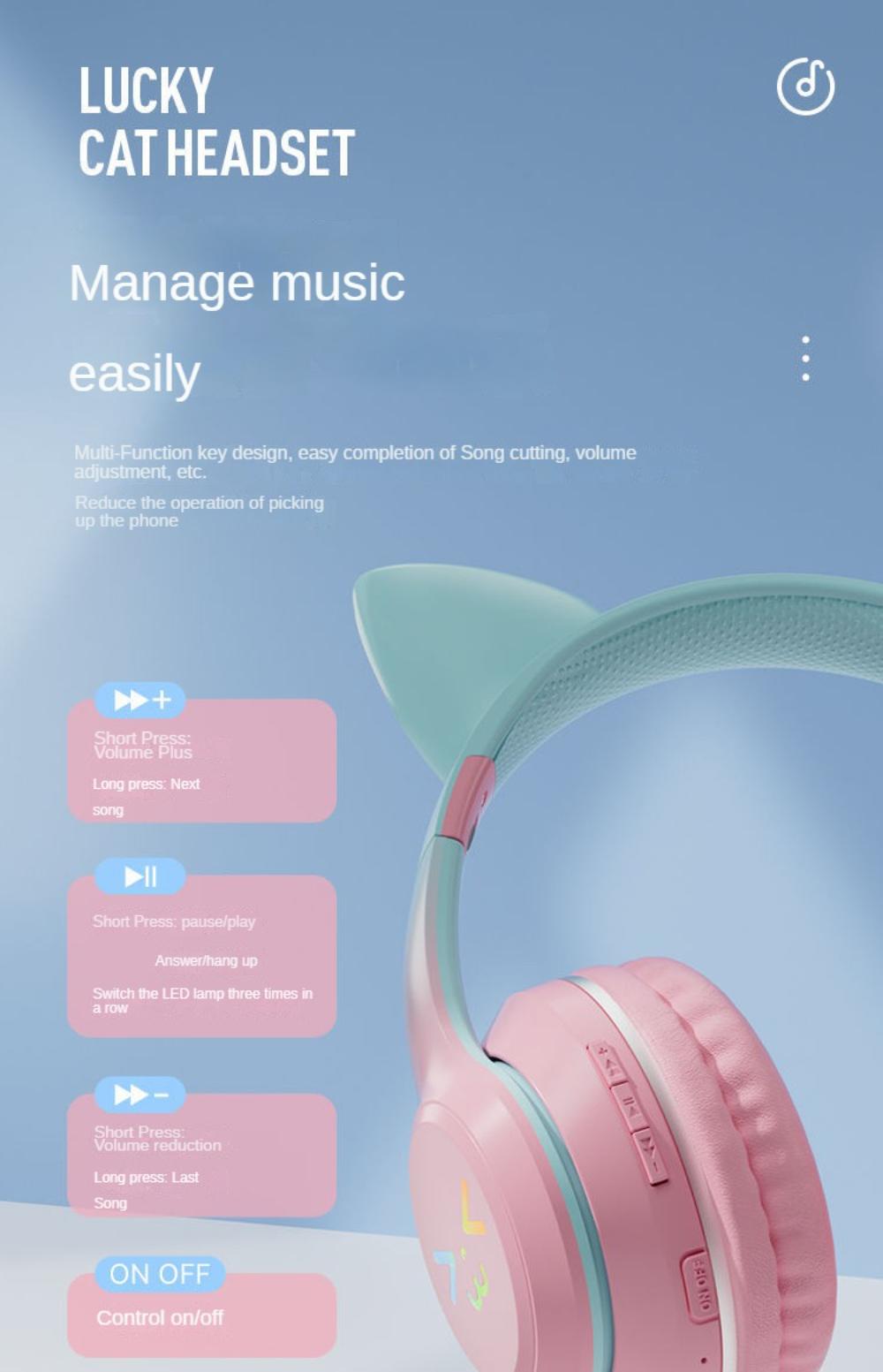 Cat's Ears Headset RGB Light Smile Face TWS Headset Gradient New Headphone Pink Little Girl Earphone