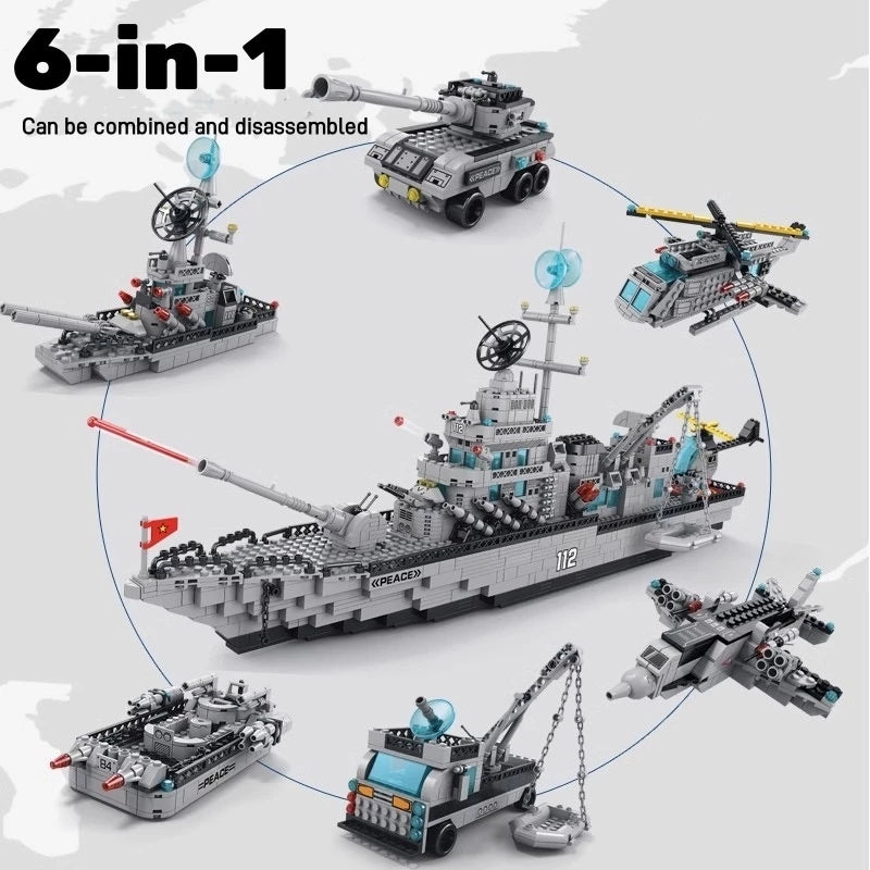 Large Aircraft Carrier Warship Model 6-in-1 Set – Educational Building Blocks Military Toy for Children