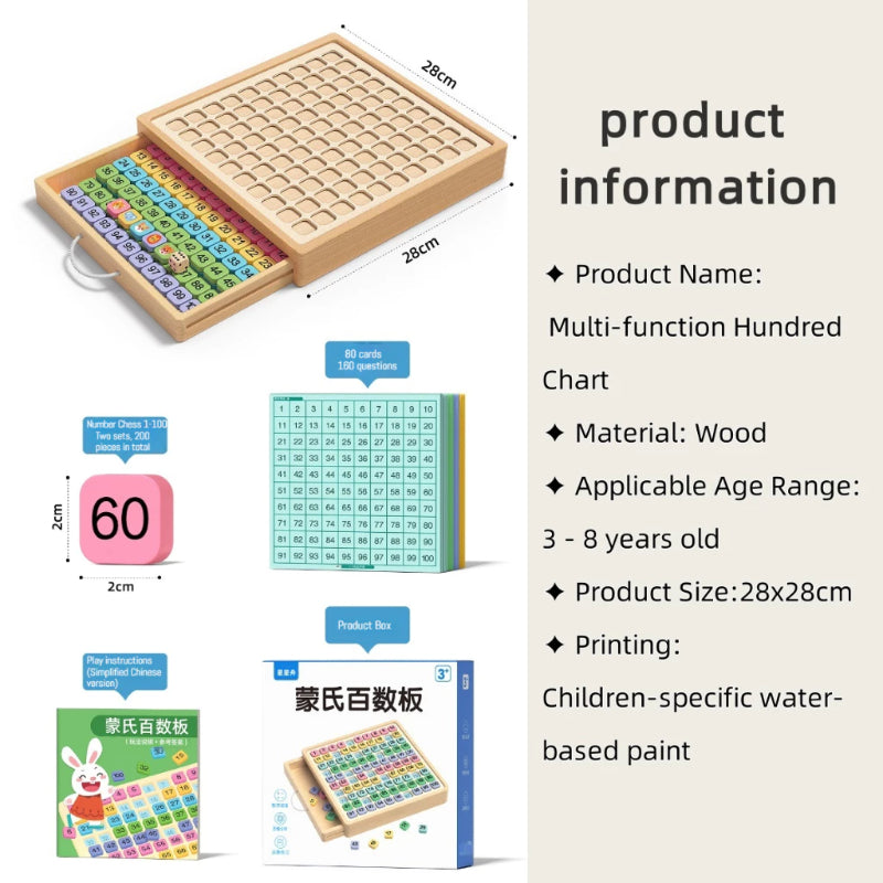 Wooden Hundreds of Boards Montessori Teaching Aids 1-100 Number Chess Mathematics Enlightenment Children's Educational Toys Addition Subtraction Operation 3-8