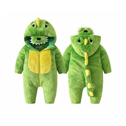 Cute Baby Romper One Piece Green Dinosaur Cartoon Animal Costume Boys Winter Clothes Flannel Soft Jumpsuit