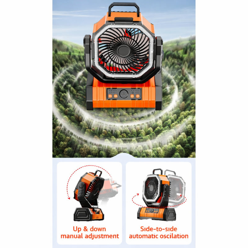 Camping Fan 20000mAh Rechargeable Outdoor Fan with LED Light Hook Remote Control Auto Oscillating
