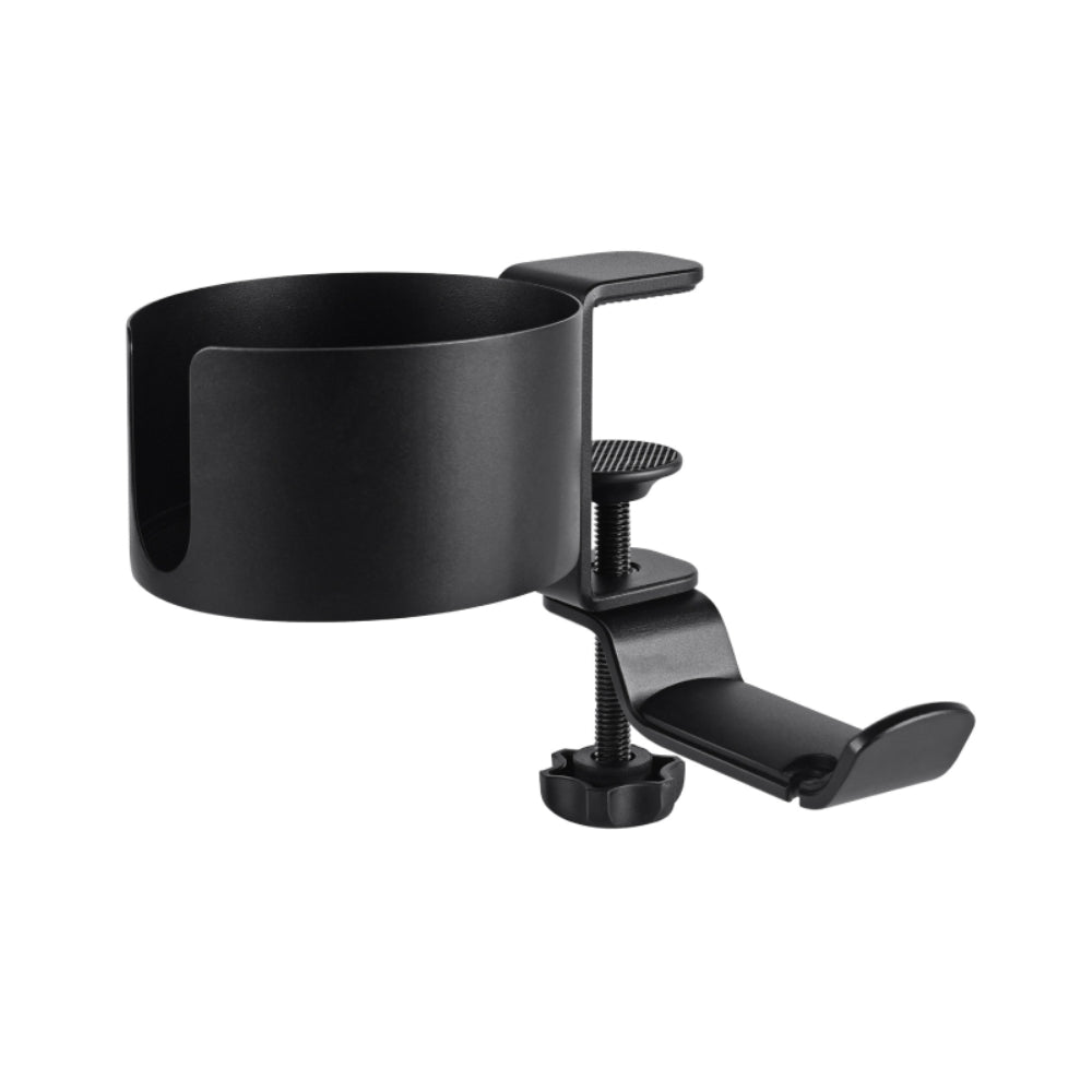 Desk Cup Holder 2 in 1 Desk Cup Holder with Headphone Hanger Adjustable Clamp Headset Hook Bottle Holder 360 Rotation