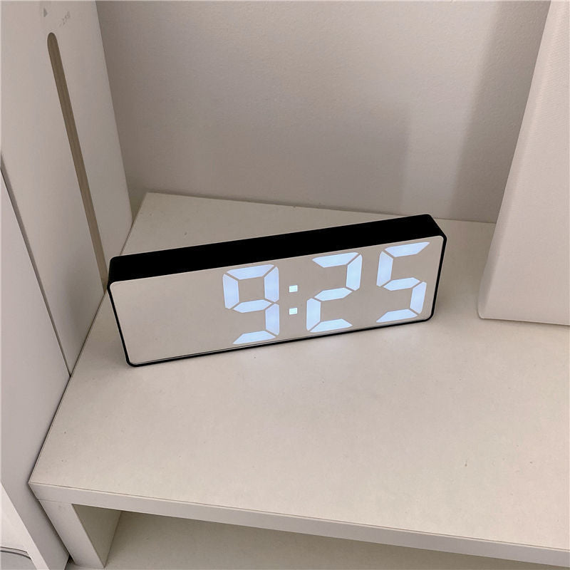 Japanese simple black and white mirror LED digital clock sound control alarm clock dormitory bedside desktop screen digital clock temperature calendar electronic luminous bedside