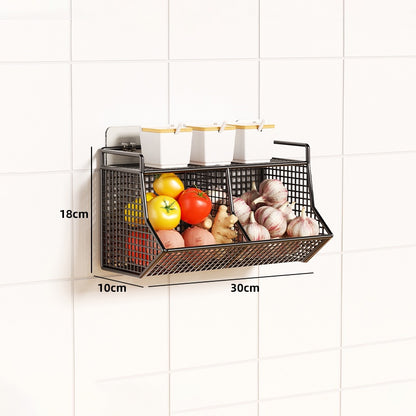 Kitchen Wall Hanging Basket Free Punching Onion Ginger Garlic Storage Rack Cross Three Grid Multi-functional Kitchen Spice Rack