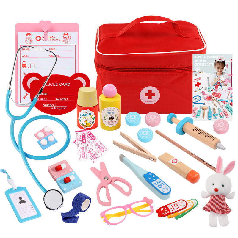 Doctor Toys for Children Girl Boy Kids Pretend Play Wood Red Medical Kit Dentist Medicine Box Sets Cloth Bag Role Pay