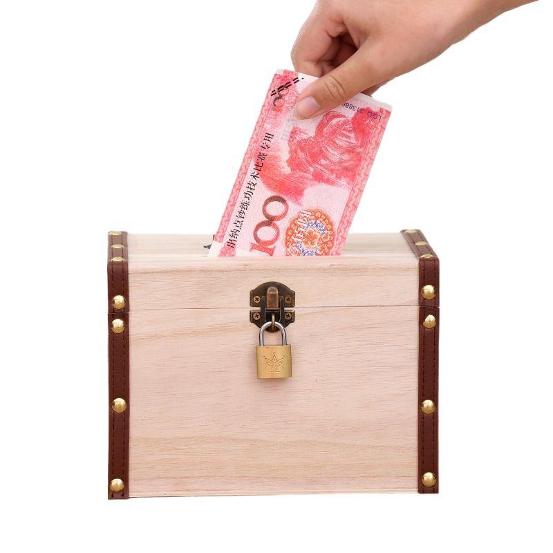 Retro Wooden Piggy Bank Large With Lock Kids PiggyBank Coin Bank Save Money Box Pull Money Box