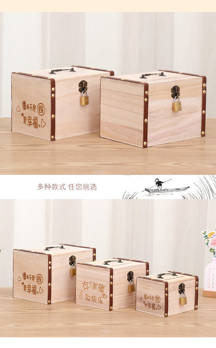 Retro Wooden Piggy Bank Large With Lock Kids PiggyBank Coin Bank Save Money Box Pull Money Box