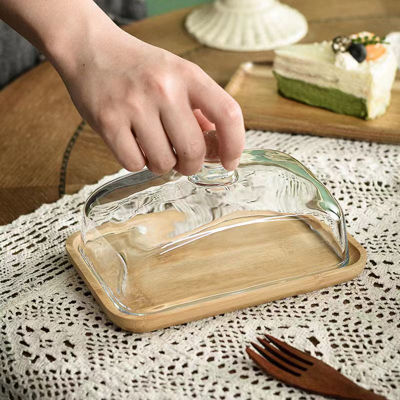 Cake Stand with Glass Cover Dust Display Holder Multifunctional Fruit Plate Transparent Wood Serving Tray for Pastries