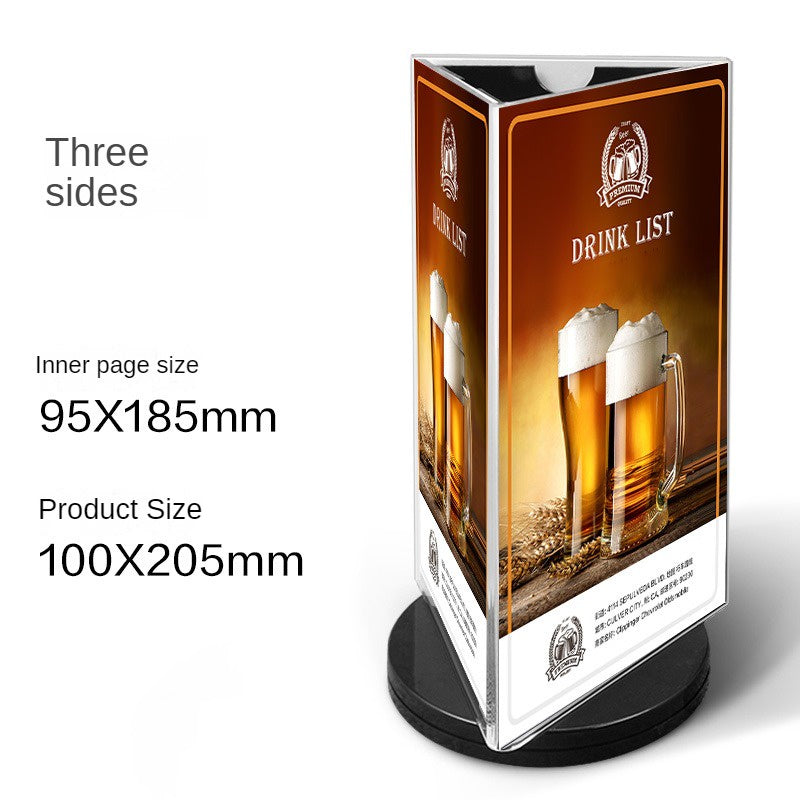 Triangle Menu Stand 360 Degree Rotating Three Side Acrylic Menu Paper Price Listing Sign Holder Display Stand