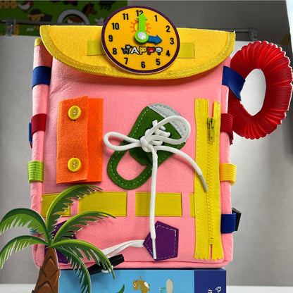 Baby Montessori Felt Busy Bag Toy with Pop Tubes Busy Board Backpack Tie Shoelaces Cognitive Learning