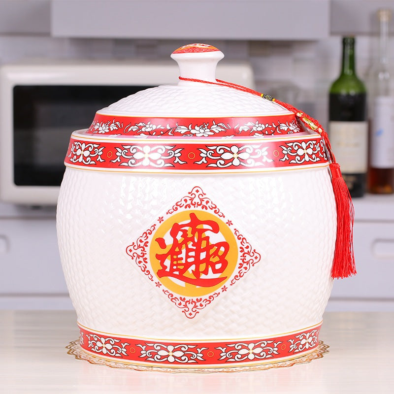 ceramic rice jar household kitchen with lid rice bucket sealed jar storage jar moisture-proof and insect-proof rice jar