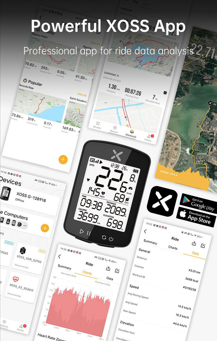 XOSS G2+ Bike speedometer wireless water proof IPX7 Type-C Rechargeable Bike Computer GPS 2.2 inch LCD display Bluetooth