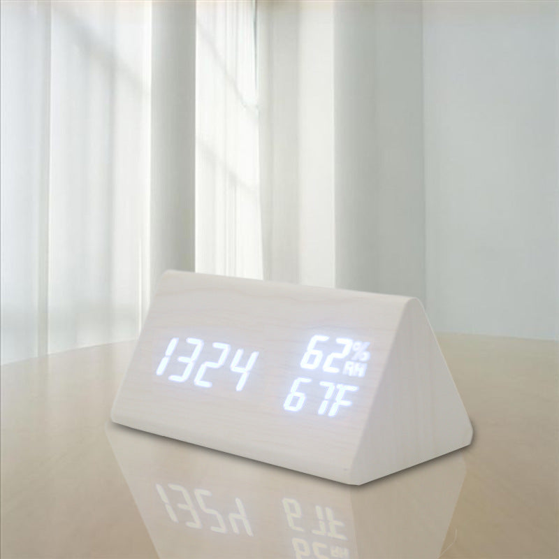 Wooden LED Alarm Clock Voice Control Humidity Temperature Display Digital Clock Home Electronic Thermometer Modern Bed