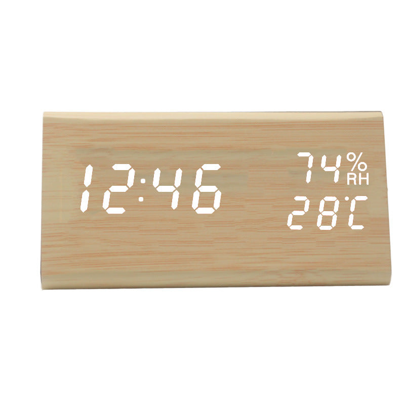 Wooden LED Alarm Clock Voice Control Humidity Temperature Display Digital Clock Home Electronic Thermometer Modern Bed