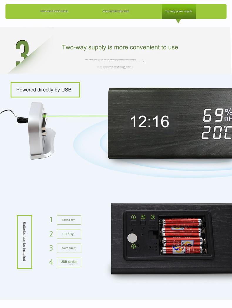 Wooden LED Alarm Clock Voice Control Humidity Temperature Display Digital Clock Home Electronic Thermometer Modern Bed