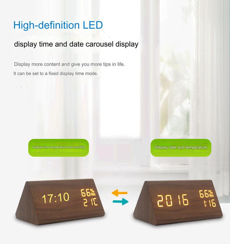 Wooden LED Alarm Clock Voice Control Humidity Temperature Display Digital Clock Home Electronic Thermometer Modern Bed