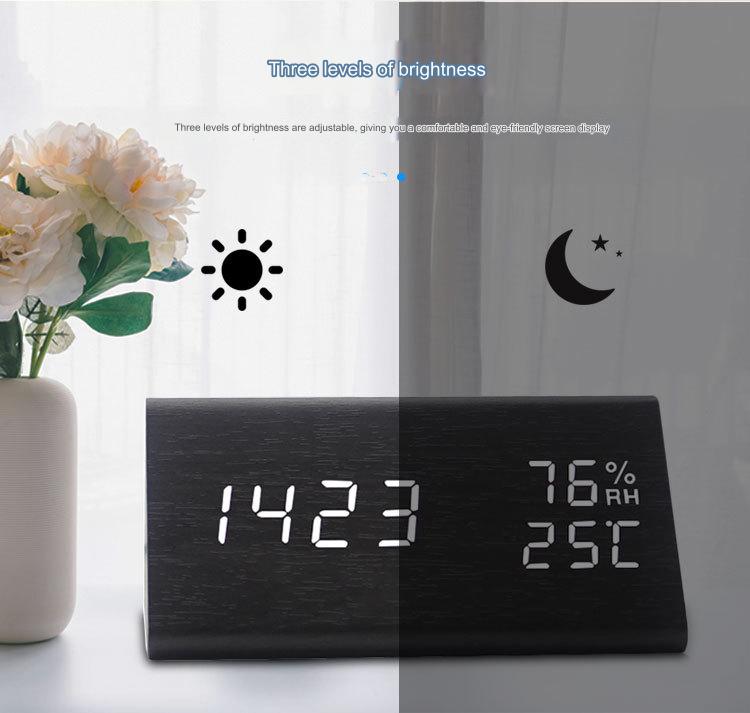 Wooden LED Alarm Clock Voice Control Humidity Temperature Display Digital Clock Home Electronic Thermometer Modern Bed