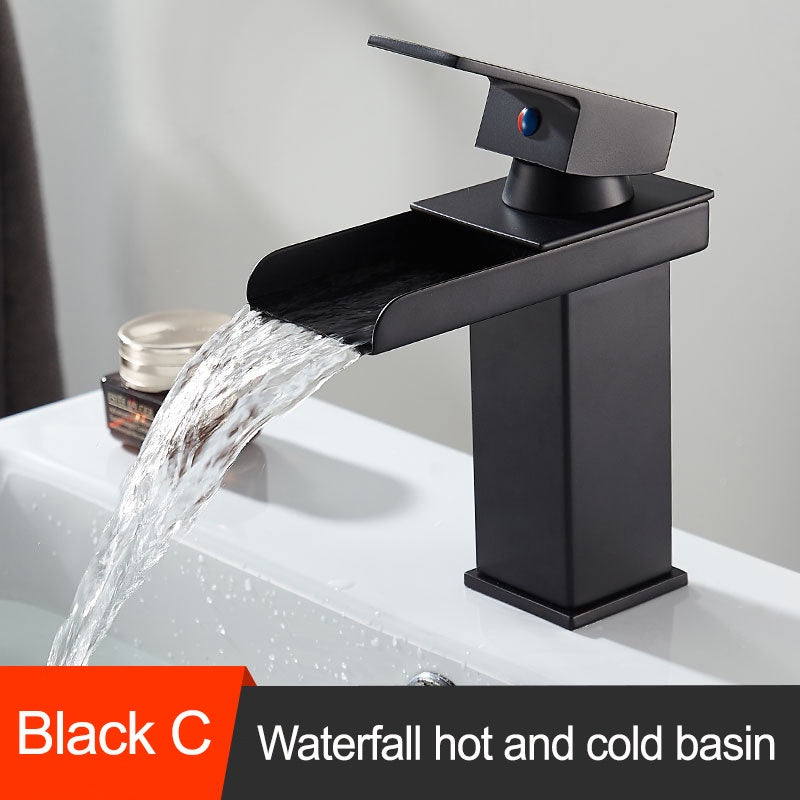 Waterfall Faucet Copper Hot And Cold Black Household Bathroom Basin Water Tap