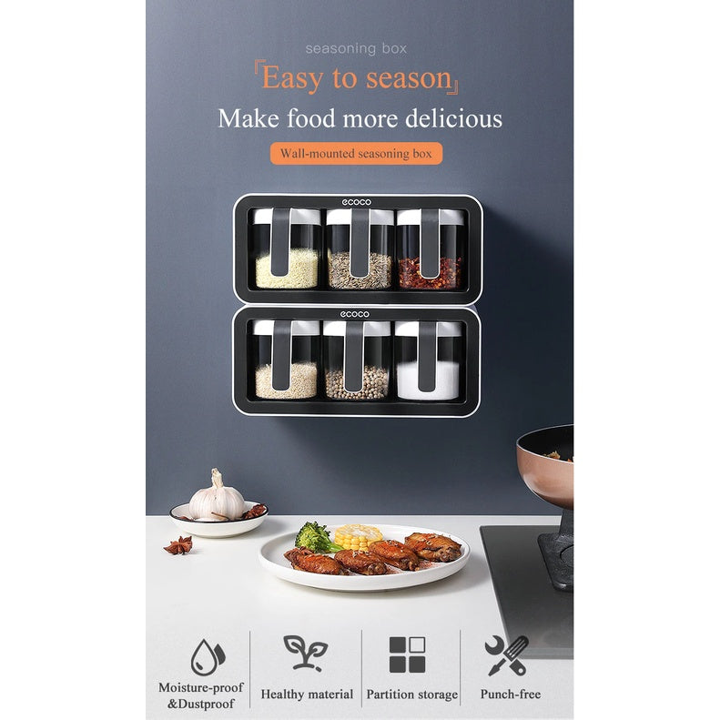 Wall Mount Spice Rack Organizer Sugar Bowl Salt Shaker Seasoning Container Spice Boxes With Spoons Kitchen 3 Cups