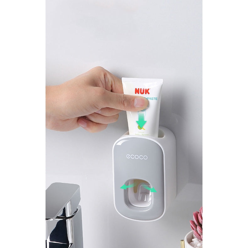 ECOCO Wall Mount Household Automatic Toothpaste Dispenser Toothbrush Holder Wall Mount Bathroom Accessories Set Rack