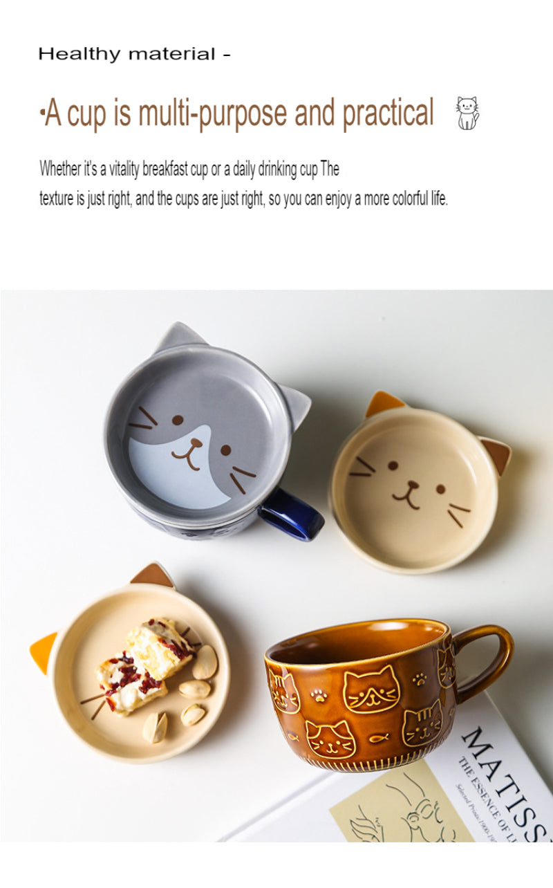 Japanese Ceramic Cartoon Cat Mug Cute Breakfast Cup Creative Coffee Cup with Lid Milk Cup Couple Water Cup Cute Design