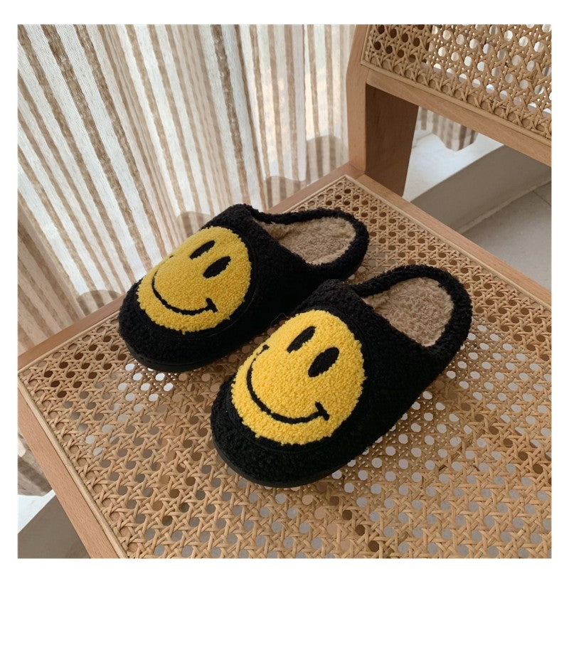 Cute Smiley Face Slippers Home Couple Plush Slippers Winter Warm Bedroom Plush Cotton Shoes Indoor Anti Slip Step-ins