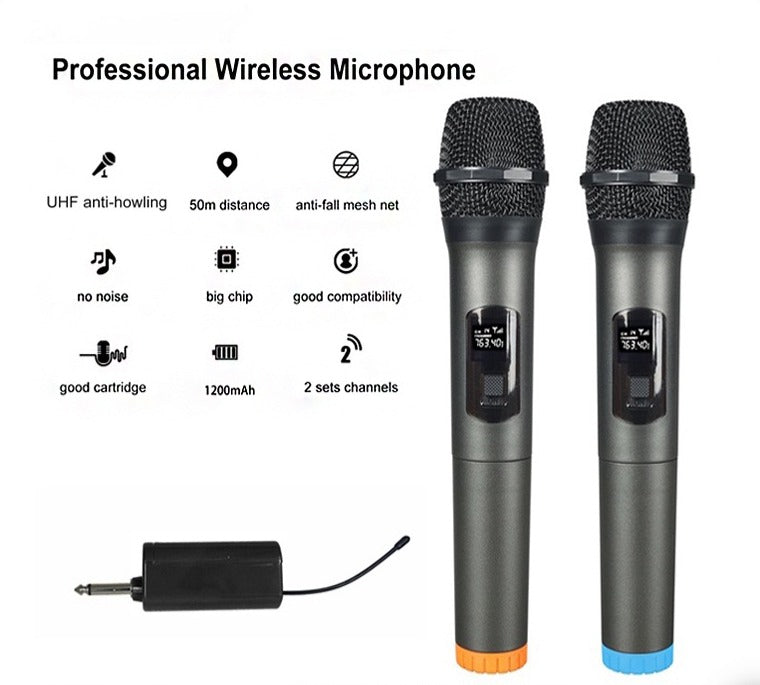 Wireless Microphone UHF Cordless Dual Handheld Dynamic Mic Set with Rechargeable Receiver for Karaoke Party Durable