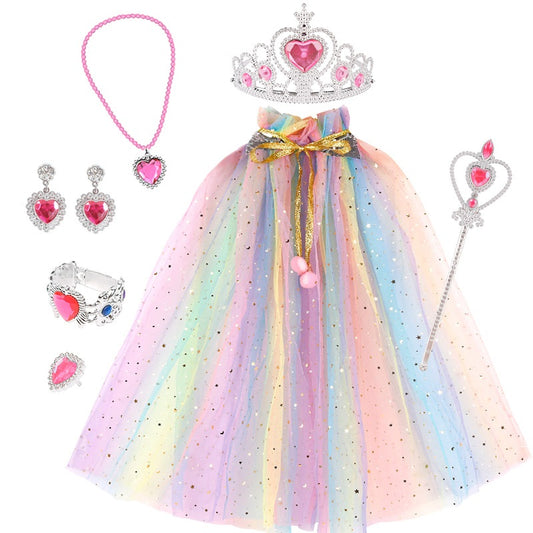 Girls Cape with Tiara Crown Wand Jewelry Set Princess Cloak for Little Girl Princess Birthday Party Dress Up Accessories