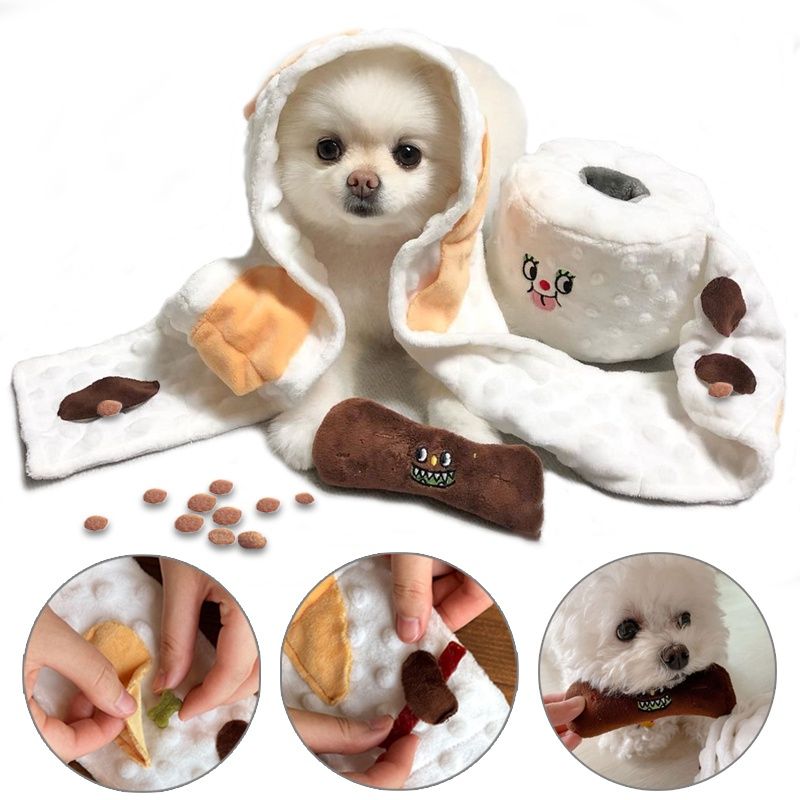 New Pet Dog Toy Simulation Toilet Paper Poop Picking Suit Puppy Plush Toy Hidden Food Squeak Interactive Toy for Dogs