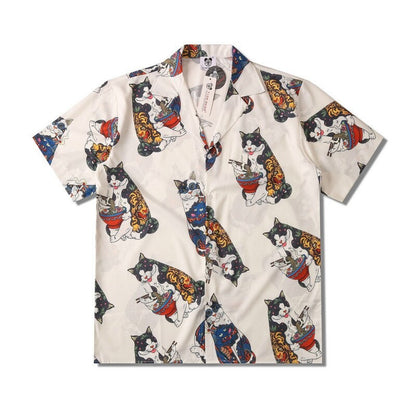 Harajuku Cat Polo Shirt Men Summer Men's Hawaiian Shirt Ramen Cat Full Print Beach Cardigan Loose Oversized Short Sleeve